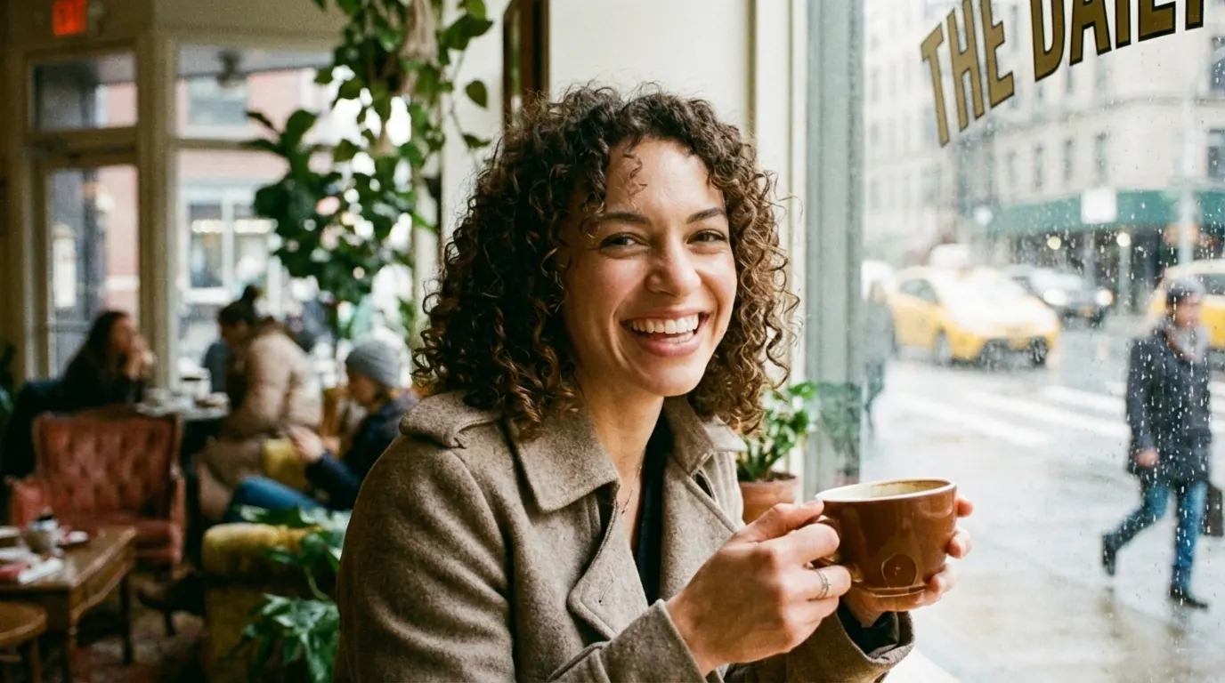 Woman with curly hair smiling and holding a coffee cup at a café window, framed at natural eye level