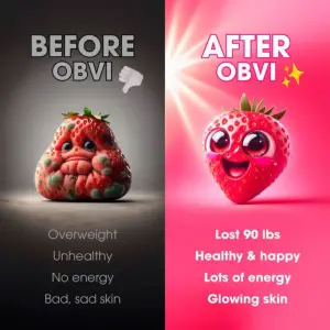 metaphor ad with a sad wrinkled cartoon strawberry labelled before beside a glowing happy strawberry labelled after