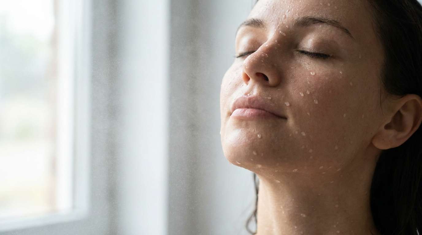 Close-up of a woman's face with eyes closed and distinct water droplets scattered across her cheek, nose and jaw in soft window light