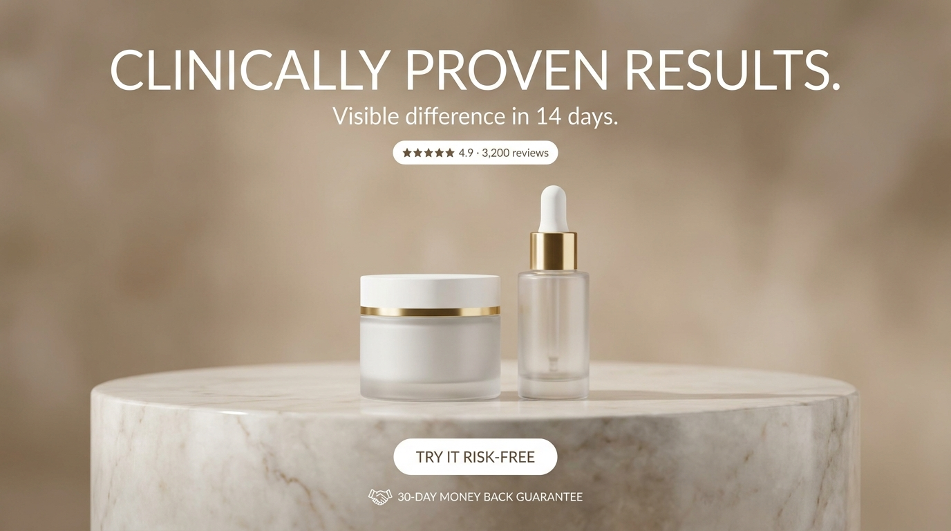 Skincare ad headlined 'CLINICALLY PROVEN RESULTS.' with a five-star '4.9 · 3,200 reviews' pill, a 'TRY IT RISK-FREE' button and a 30-day money back guarantee line