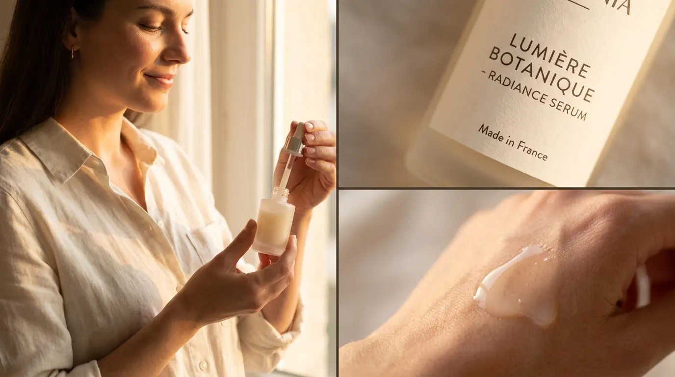 Large lifestyle hero of a woman holding a serum bottle beside two smaller detail panels of the label and a texture swatch