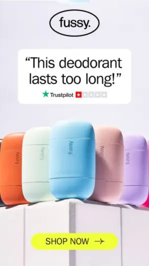 Five pastel Fussy deodorant containers in a row under a white quote card reading 'This deodorant lasts too long!' with a Trustpilot rating