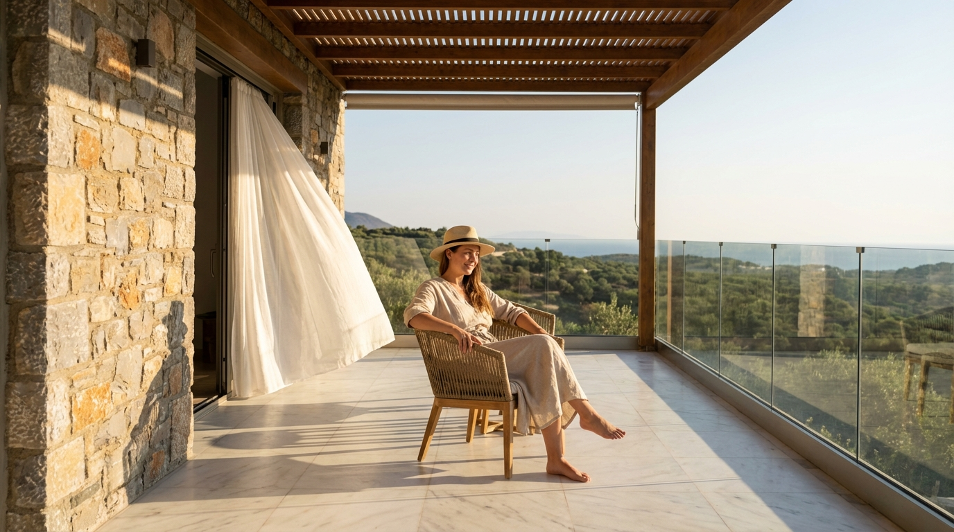 Woman in a straw hat seated on a marble-floored terrace under a wooden pergola, with a stone wall, glass railing and Mediterranean landscape beyond