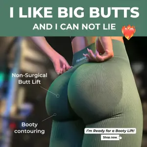 square ad with a provocative headline banner, a body shot of leggings, two white callout labels and a shop now box