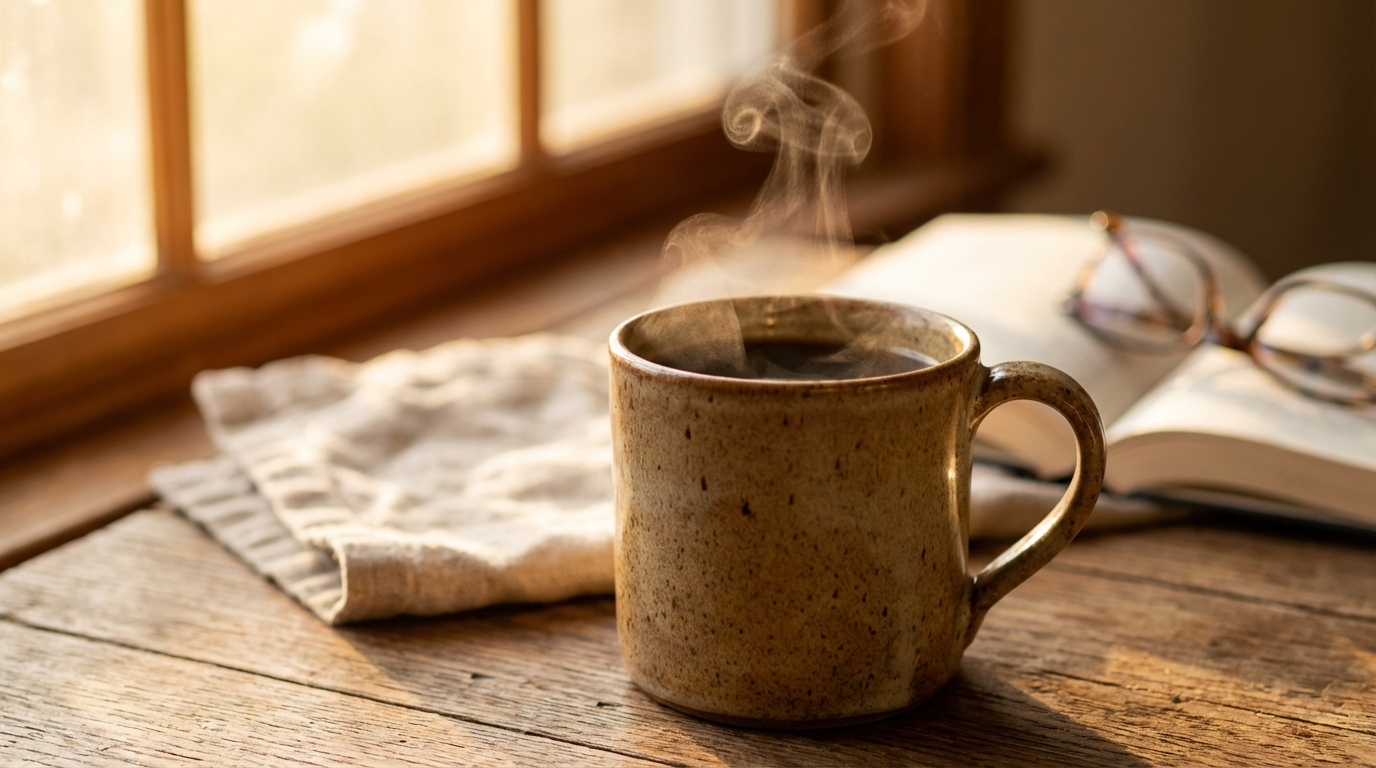 Speckled ceramic mug of black coffee on a rustic wooden table by a window, a thin curl of steam rising into warm side light