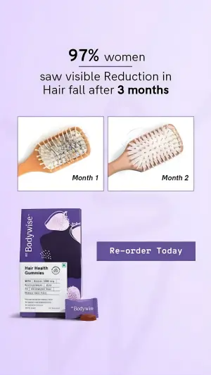 before-after ad comparing a hairbrush full of shed hair at month one with a clean brush at month two beside a gummies box