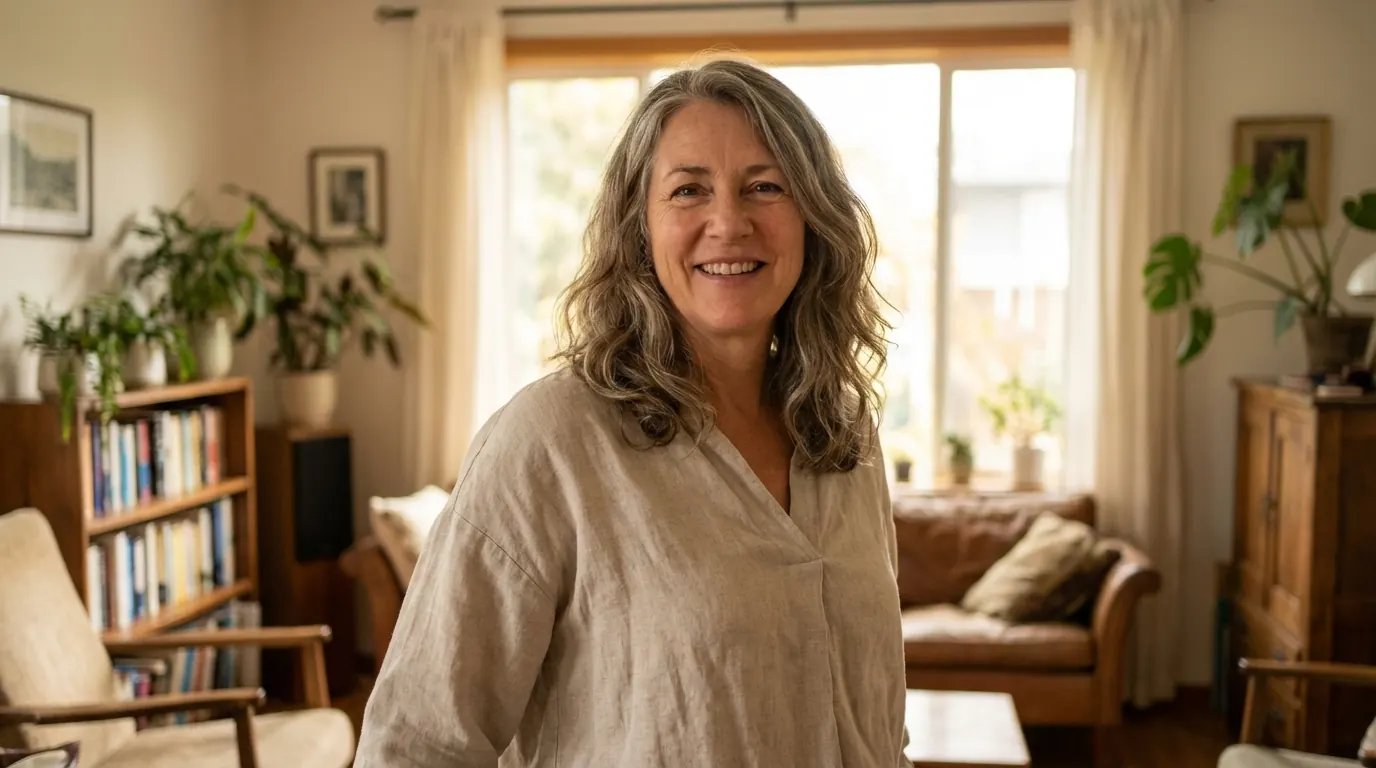 Grey-haired woman in a linen tunic smiling in a warm living room
