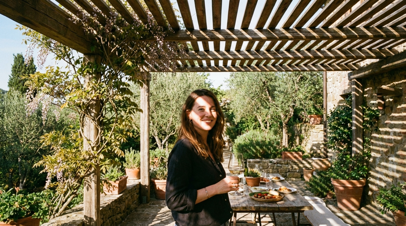 Smiling woman with a glass of wine under a wooden pergola on a Tuscan terrace with wisteria and potted herbs