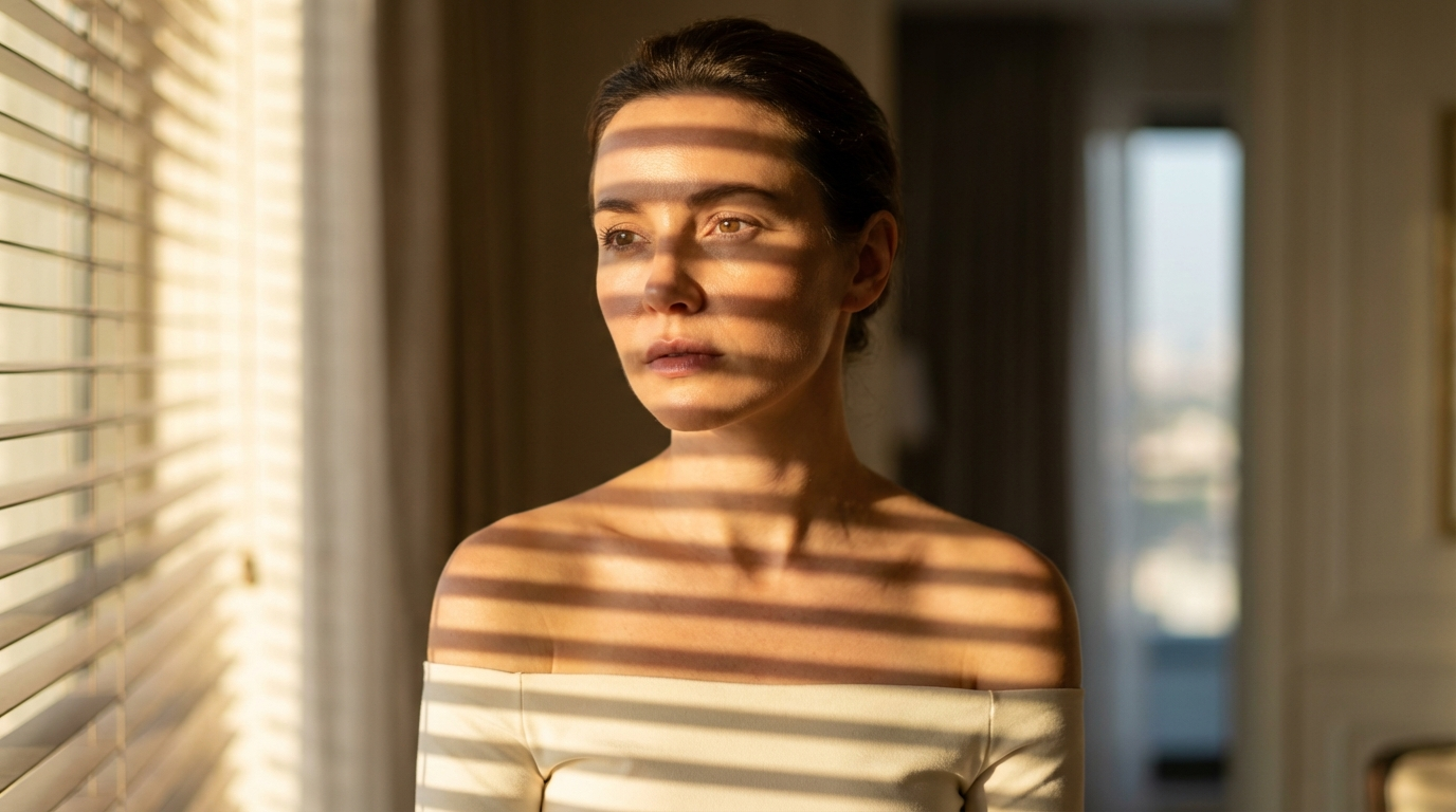 Woman by a window with striped venetian blind shadows banding across her face and shoulders