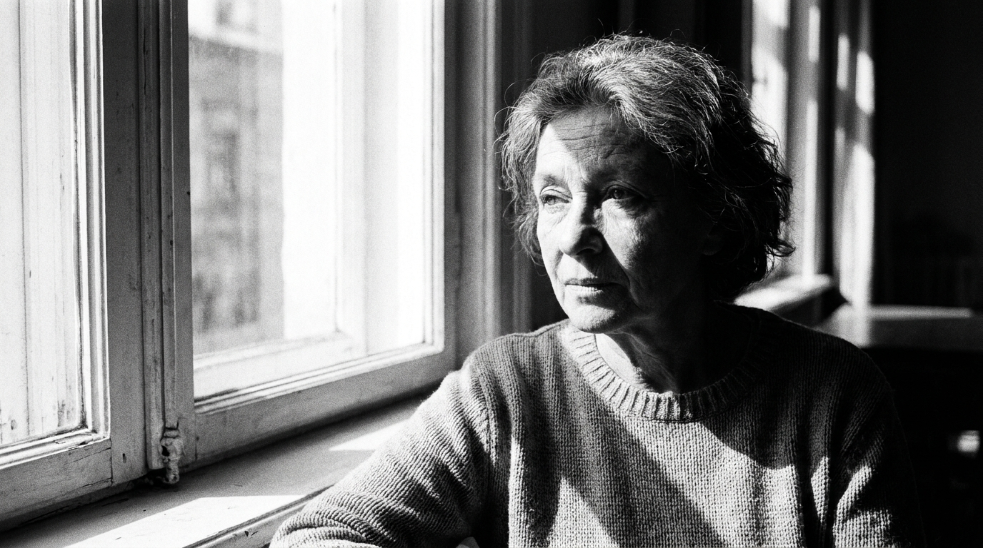 Black and white portrait of an older woman by a bright window, the frame reduced to tone, form and texture