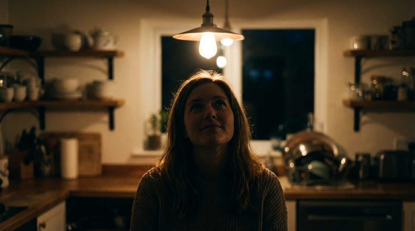 Woman standing in a dim kitchen under a pendant lamp, forehead bright and eye sockets shadowed