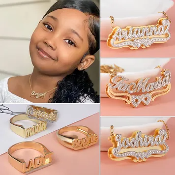 Asymmetrical collage of a smiling girl wearing a gold nameplate necklace beside close-ups of custom nameplate necklaces and rings