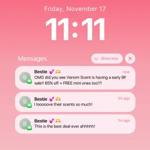 fake notification ad mimicking a lock screen with a stack of three message notifications from a friend