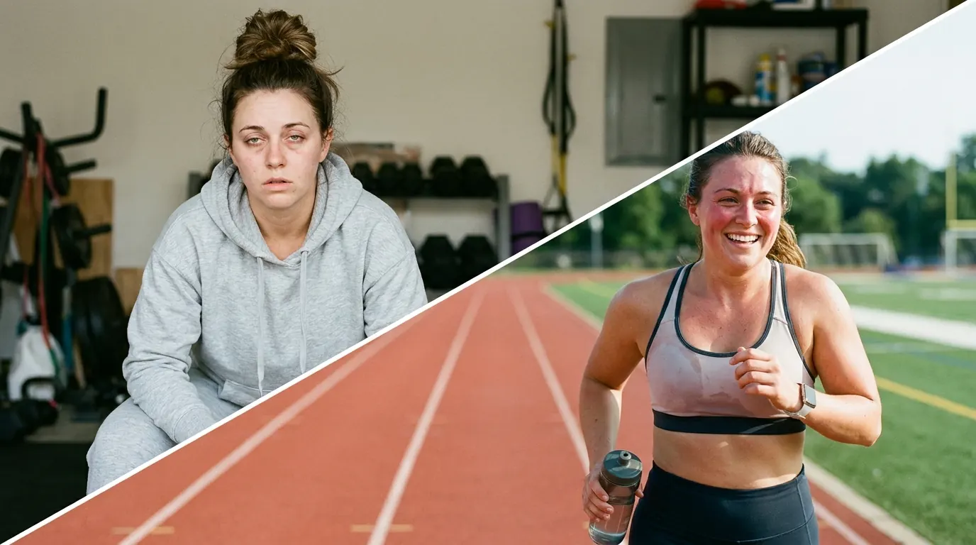 Diagonal split ad: exhausted woman sitting in a home gym above the angled divide, smiling runner on a track below it