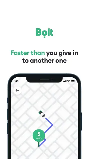 Bolt ad with a stylized GPS map on a phone screen, a green 5 min pin, and the headline 'Faster than you give in to another one'