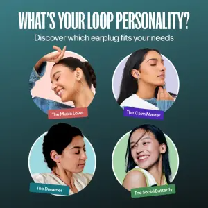 Dark teal ad with a 2x2 grid of circular portraits of people wearing earplugs, each labeled with a personality type