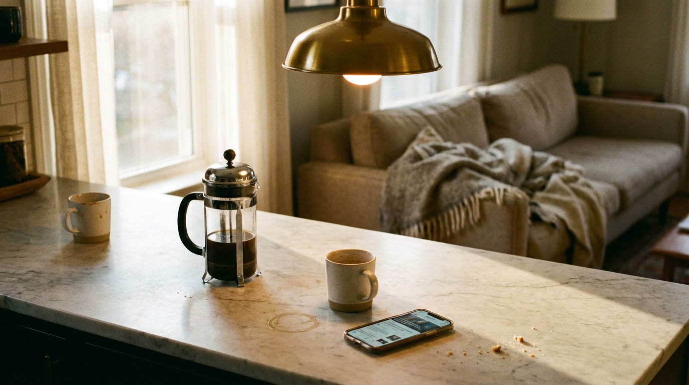Sunlit kitchen island with a French press, used mugs, a phone and crumbs, with a throw-covered sofa in the background