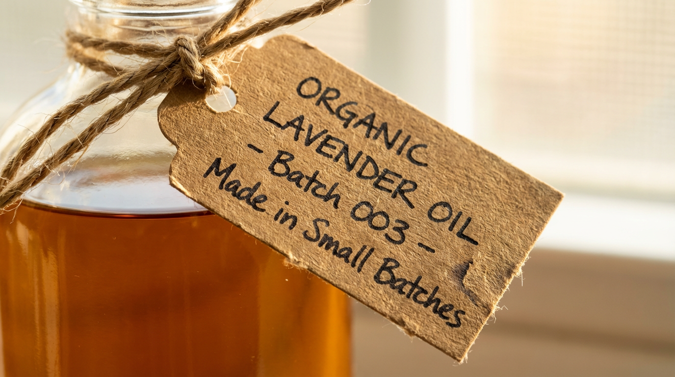 Kraft paper tag tied with twine to an oil bottle, hand-lettered 'ORGANIC LAVENDER OIL - Batch 003 - Made in Small Batches'