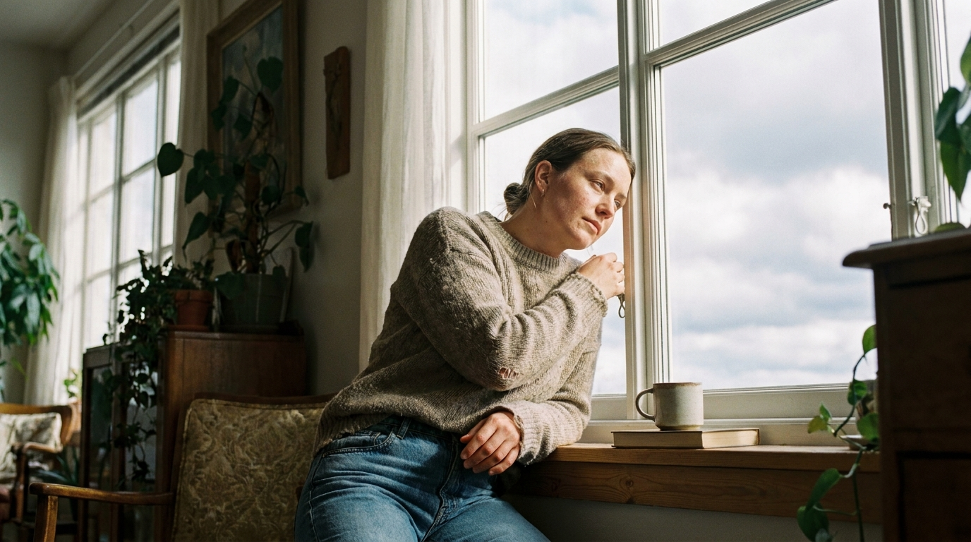 Woman leaning on a window sill in a bright room where the window stays bright but not pure white, with skin texture visible in the lit zone
