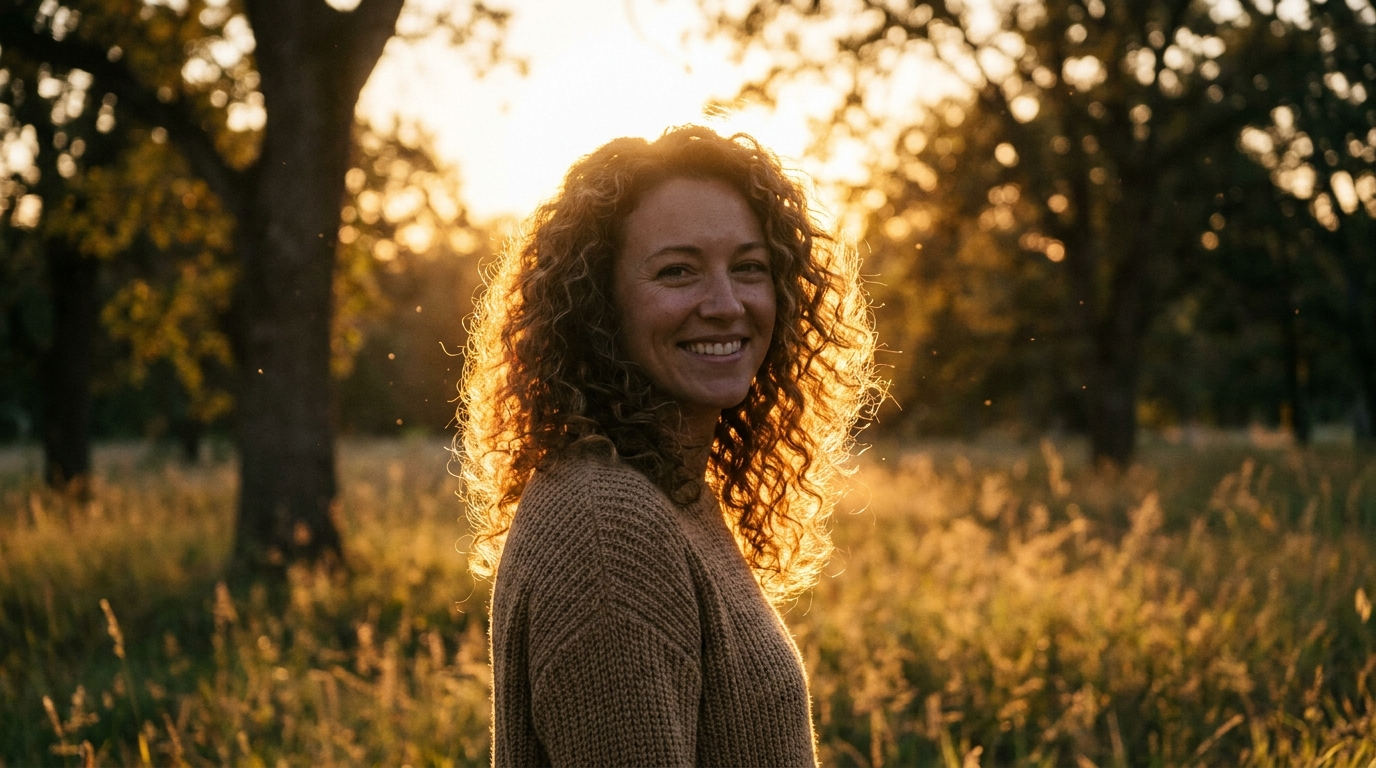 Close-up outdoor portrait of a curly-haired woman backlit by the setting sun, with a glowing rim light on her hair and readable facial detail