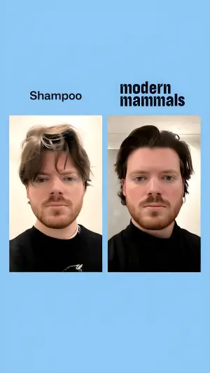 before-after ad showing the same man with messy hair on the left and neat styled hair on the right on a light blue background