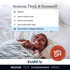 search bar ad with a blue highlighted autocomplete suggestion over a lifestyle bedroom photo