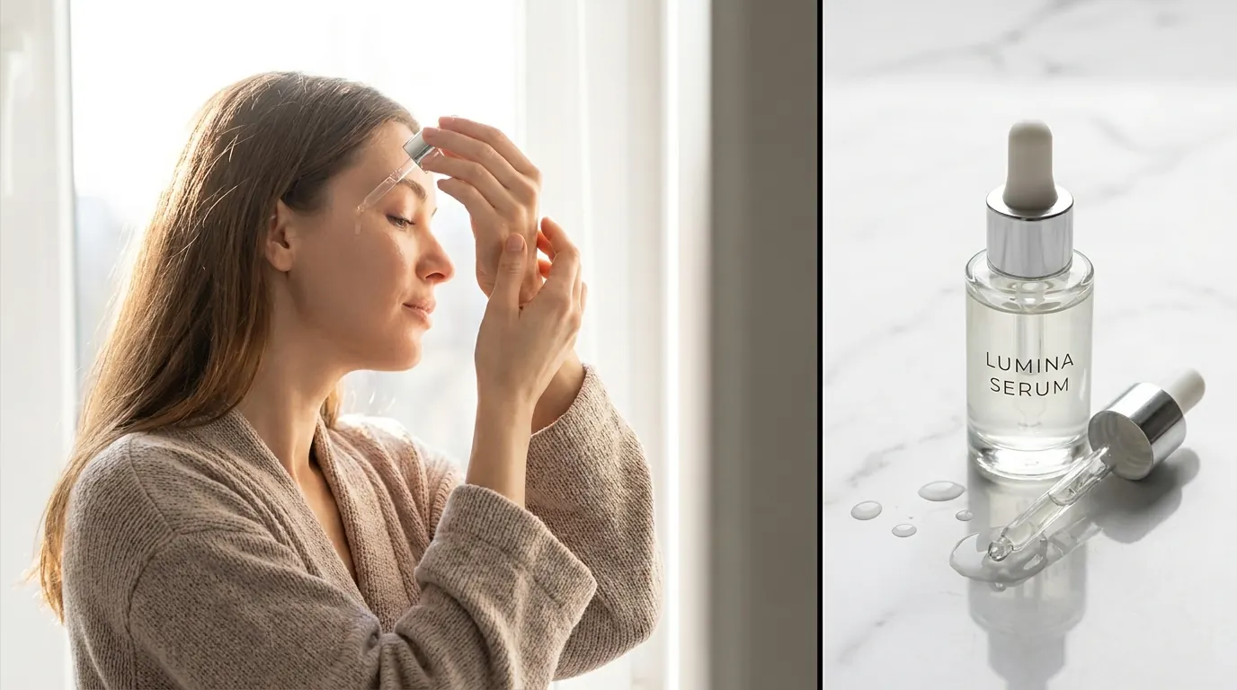 Skincare ad split unevenly: woman applying serum fills the wide left panel, product bottle on marble in the narrow right panel