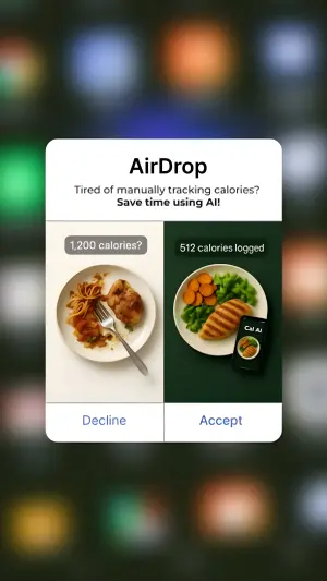 AirDrop notification over a blurred phone home screen containing a split image of a messy plate labelled '1,200 calories?' and a healthy plate labelled '512 calories logged'