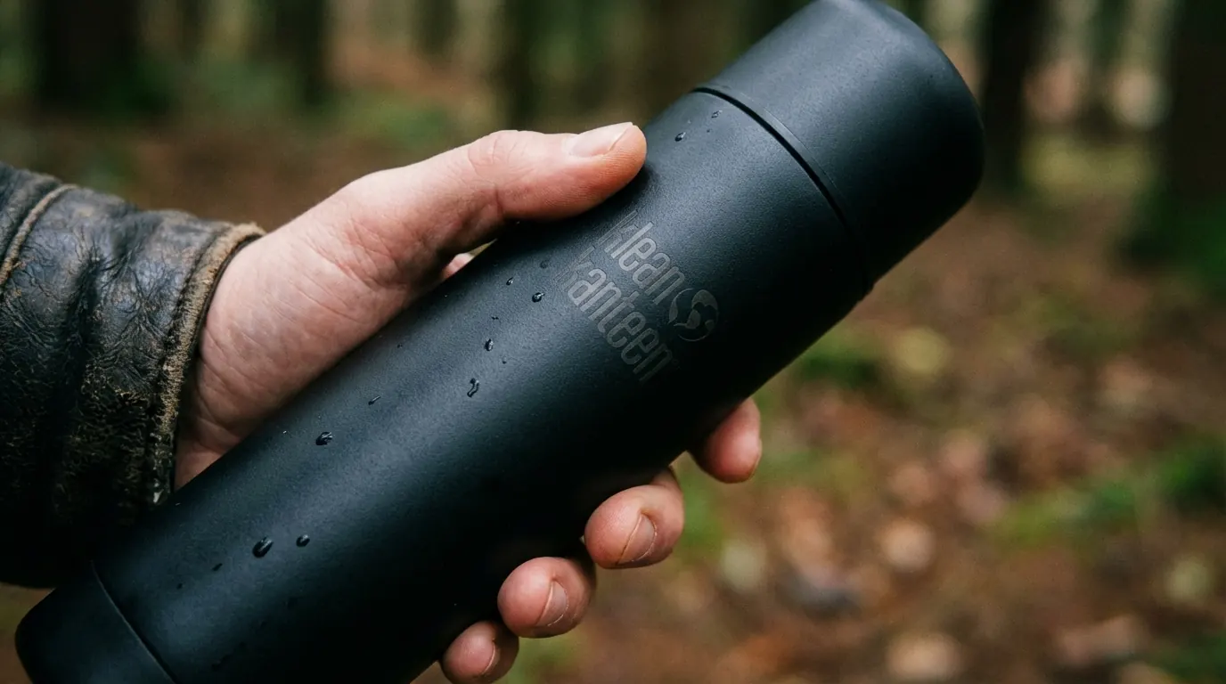 Extreme close-up of a hand gripping a matte-black thermos beaded with water droplets, forest floor blurred behind