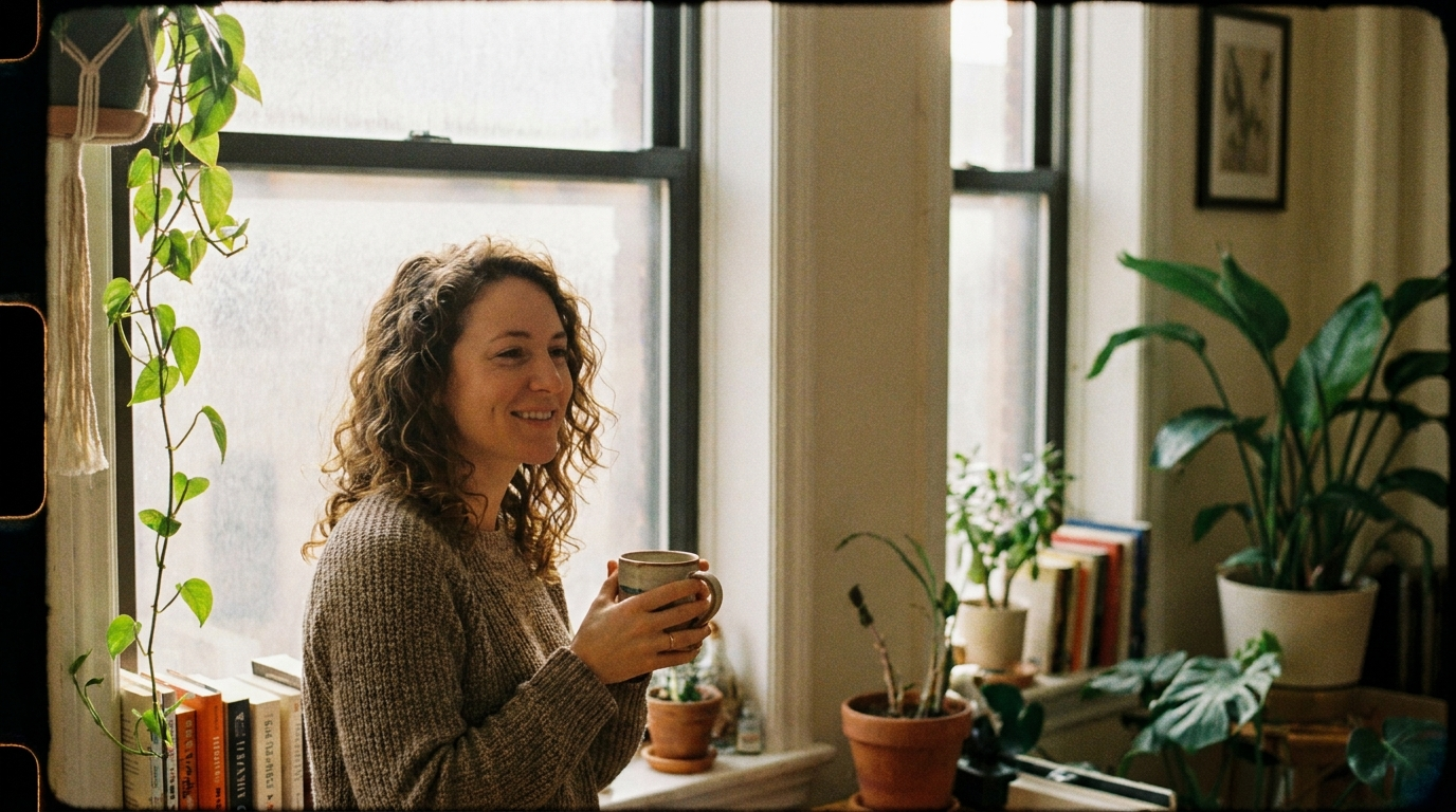 Woman by a window holding a mug, with fine organic 35mm film grain visible in the shadows and almost absent in the highlights