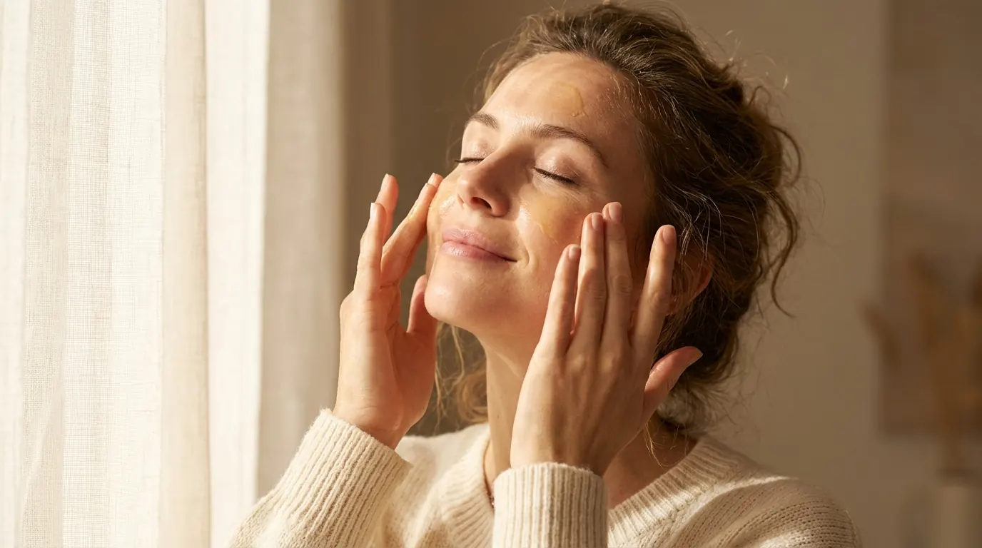 AI portrait of a woman with softly closed eyes pressing serum into her cheeks with her fingertips