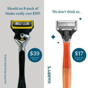 Split-screen razor ad asking whether blade refills should cost $39, answered with a $17 price