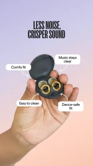 gradient ad with a hand holding an open earbud case and four white rounded callout bubbles with pointer lines