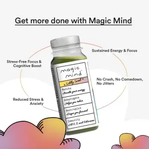 square ad with a small bottle inside an oval ring of four benefit callouts and handwritten ingredient notes on the label
