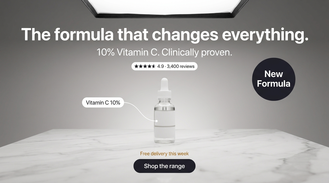 Studio serum ad headlined 'The formula that changes everything.' with a '4.9 · 3,400 reviews' pill, a 'New Formula' circular badge, a 'Vitamin C 10%' callout and a dark 'Shop the range' button