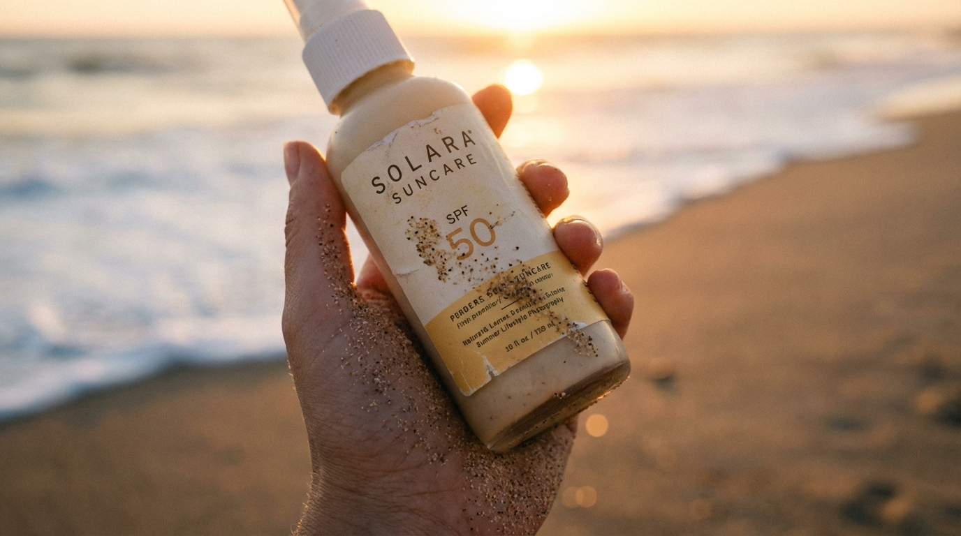 Hand holding an SPF 50 suncare bottle at the beach at sunset with sand grains clinging to the palm and the product label