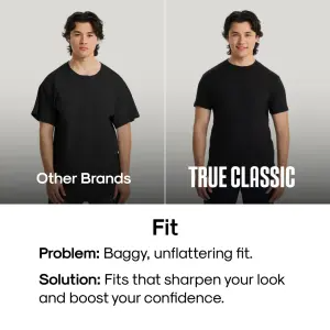 T-shirt fit comparison ad showing the same model in another brand and in True Classic