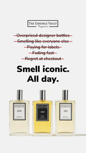 Three minimalist perfume bottles below five red struck-through lines of copy and the headline 'Smell iconic. All day.'