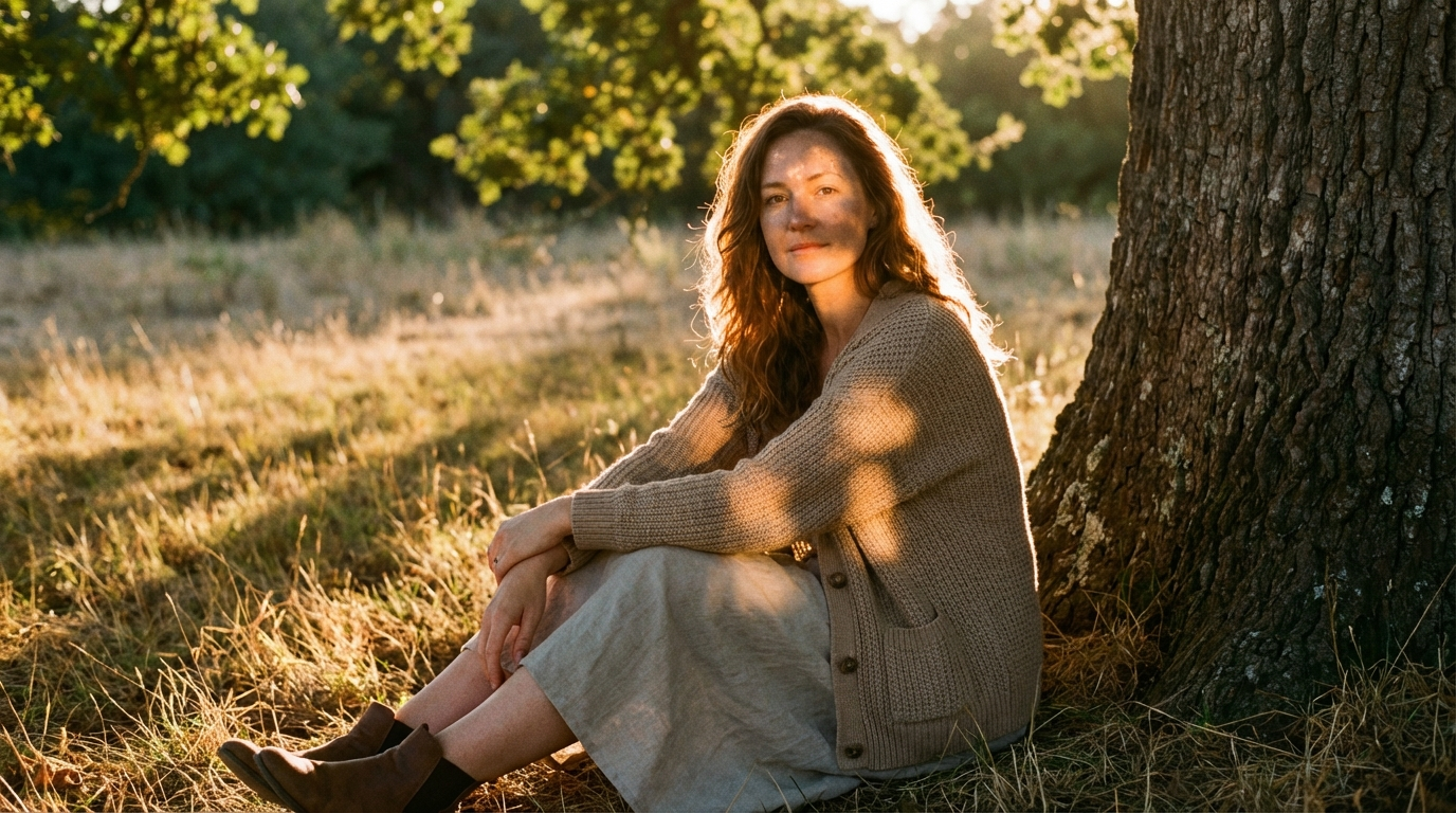 Woman in a cardigan sitting against a tree trunk in golden-hour light with dappled leaf shadows across her arms