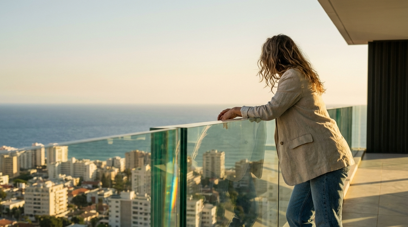 Woman in a linen blazer leaning on a frameless glass balcony railing above a coastal city at golden hour