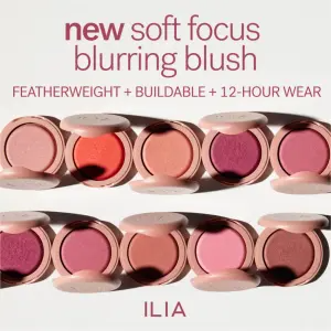 ILIA ad showing ten open blush compacts in two rows arranged as a gradient from light pink to deep berry